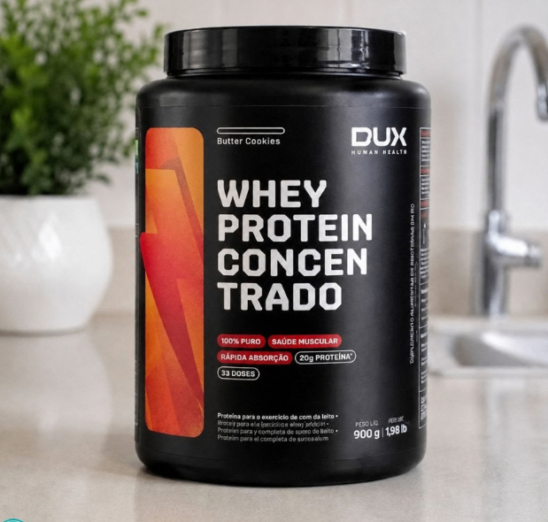 Pote de whey protein concentrado Dux em oferta no grupo